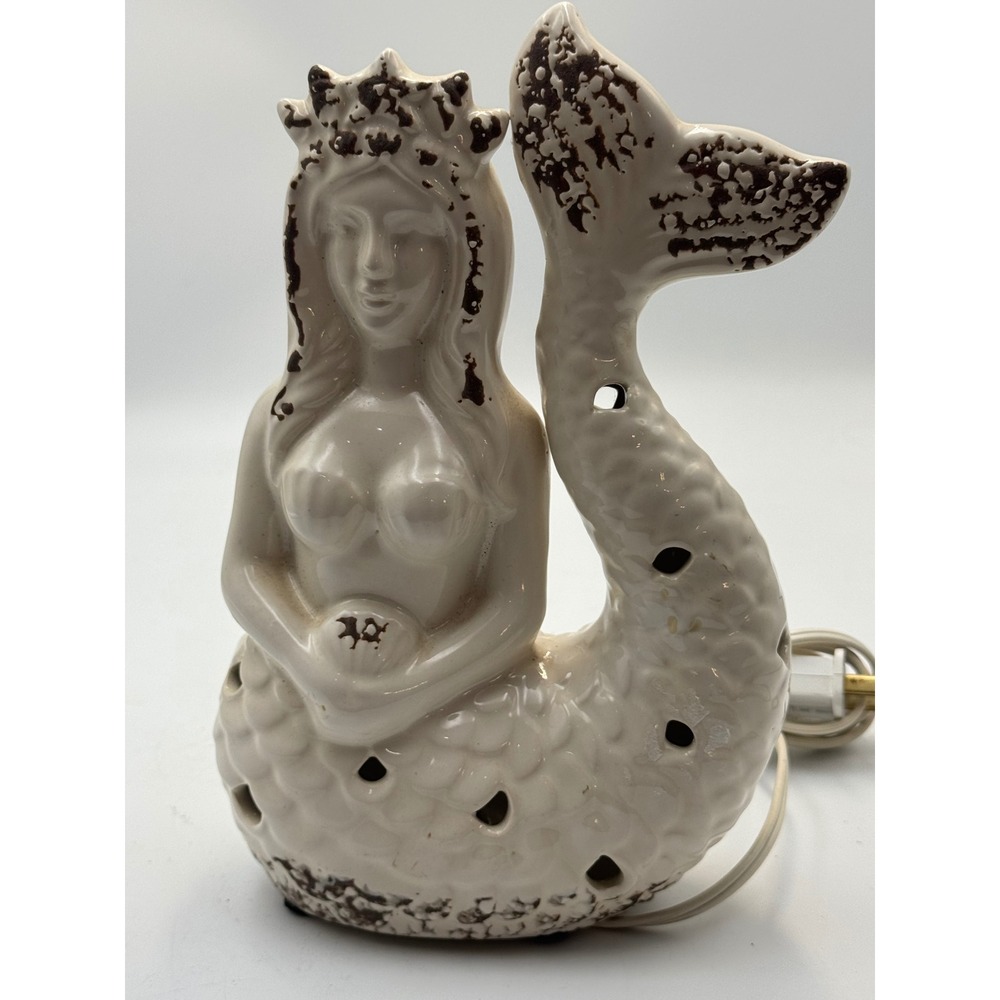 Vintage Ceramic Mermaid Night Light Lamp Cream Brown Coastal Nautical Decor 8.5"